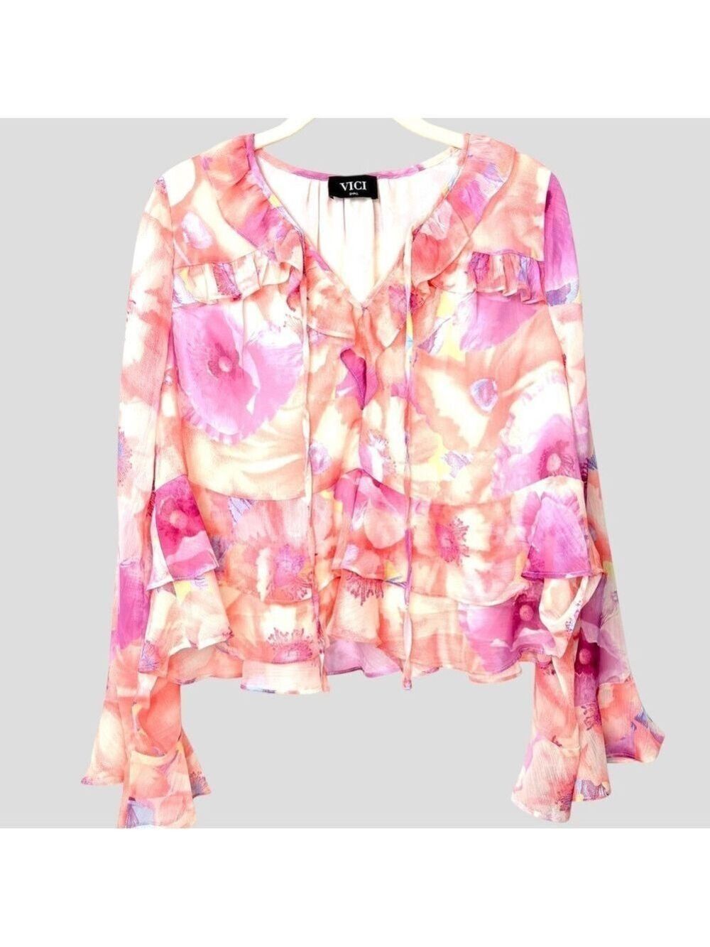 VICI Womens S Chiffon Ruffle Crop Top Flair Sleeve Fairy core Romantic Blush